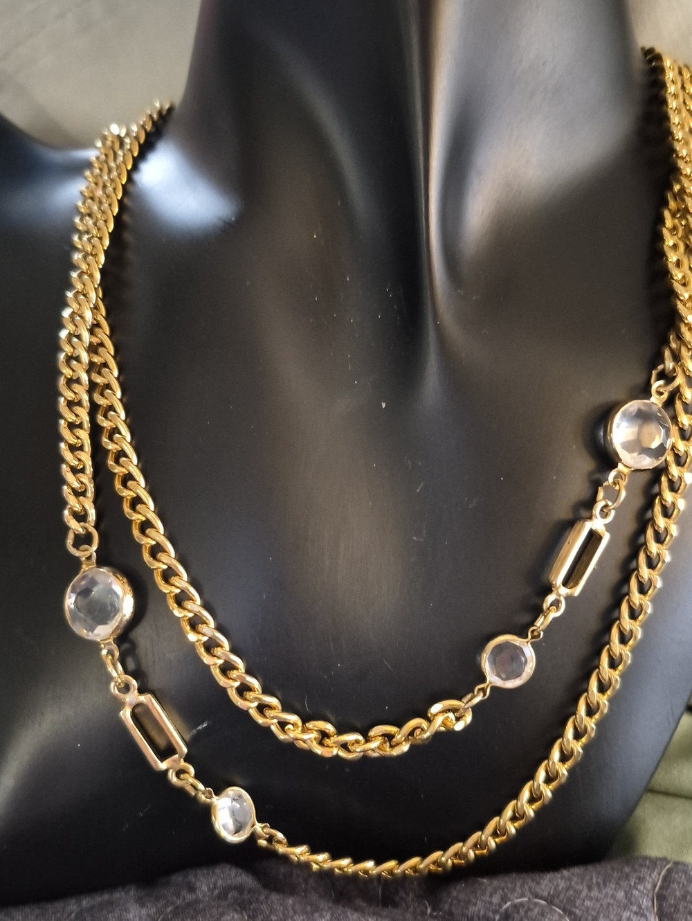 Vintage Gold-Tone Chain Rectangular  Crystal Long Statement Necklace